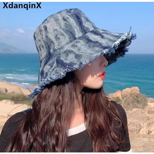 XdanqinX New Summer Womens Panama Bucket Hat Washed Denim Frayed Burrs Casual Beach Hats Elegant Personality Fashion Female Hat