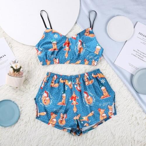 Satin Sexy Fox Print Cartoon Pattern Pajamas Women Sleepwear Satin Two Piece Set Sexy V Neck Split Shorts New Home Suit