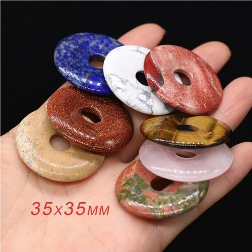 Natural Stone Lapis lazuli Pendant Big Hole Flat Round Amethysts Crystal for Jewelry Making Necklace Pendant for Women 35x35mm