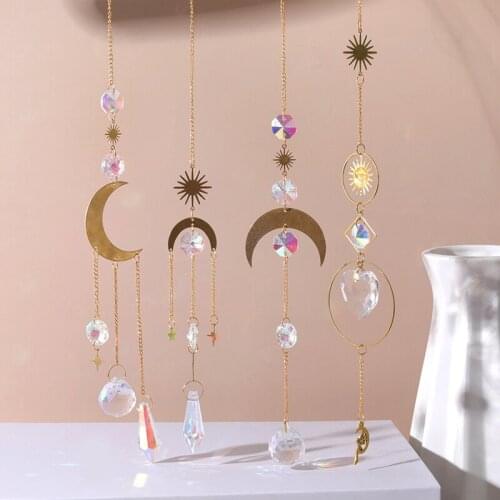 Sun Light Catcher Crystal Wind Star Moon Pendant Handmade Crystal Wind Chimes Garden Window Wedding Curtain Chandelier DIY Decor