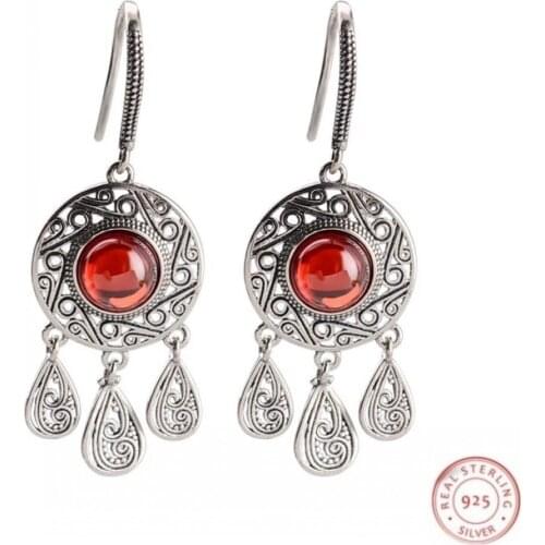 BOCAI S925 Sterling Silver Earrings womens Retro set garnet red blue sand green chalcedony Tassel thai silver Earrings