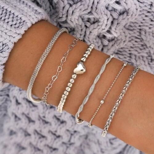 DIEZI Vintage Multilayer Silver Color Heart Beads Bracelet Bangle Sets For Women Men Chunky Chain Bracelet Couples Boho Jewelry