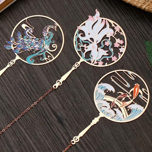 Chinese Style Book Clip Brass Bookmark Pagination Mark Retro Hollow Painted Metal Bookmark Tassel Pendant Office Supplies