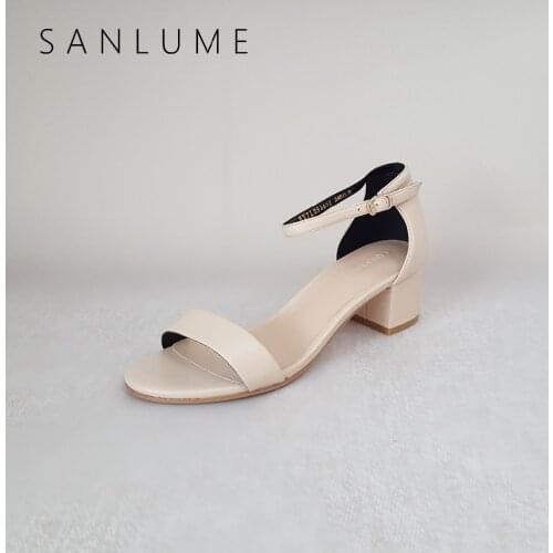SANLUME New Arrive Summer Sheepskin Sandals Women Pumps Ladies Genuine Leather Sandal Sexy Ankle Strap Thick Heels Peep Toe