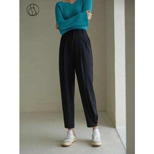 DUSHU Womens Pants 2021 New Autumn Solid Loose-fit Slacks Black Slim Trousers High Waist Casual Pants Simple All-match Trousers