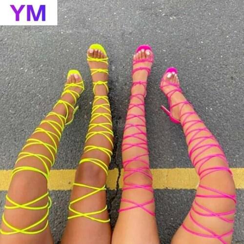 Fashion Spring Summer Over The Knee Lace Up Sandals Women Hollow Cross-Tied Shoes Cozy Leather Peep Toe Ladies Thin Heels Pumps