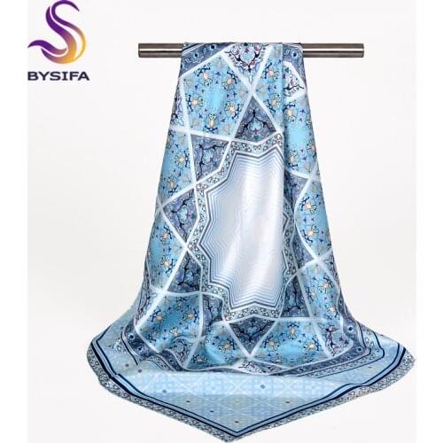 [BYSIFA]Women Light Blue Floral Silk Scarf Chinese Style Ladies Square Scarves Spring Fall Accessories 100% Silk Head Neck Scarf
