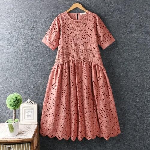 2020 New Summer Women Dress Literary Cotton and linen Hollow out Embroidery Loose O-Neck Short Sleeve Dress