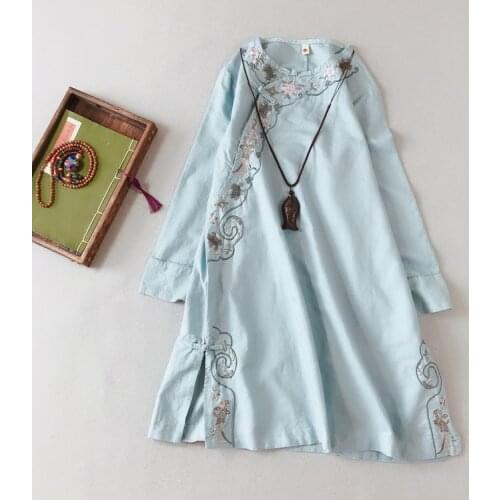 Embroidery Ramie Women Dress 2021 Spring Summer Loose Long Sleeve O neck Flowers Vintage A line Robe YoYiKamomo