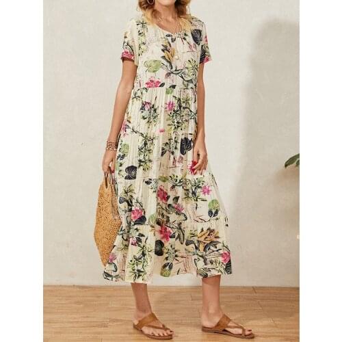 Ladies Mid-waist Loose Print Round Neck Short-sleeved Patchwork Pleated Long Dress