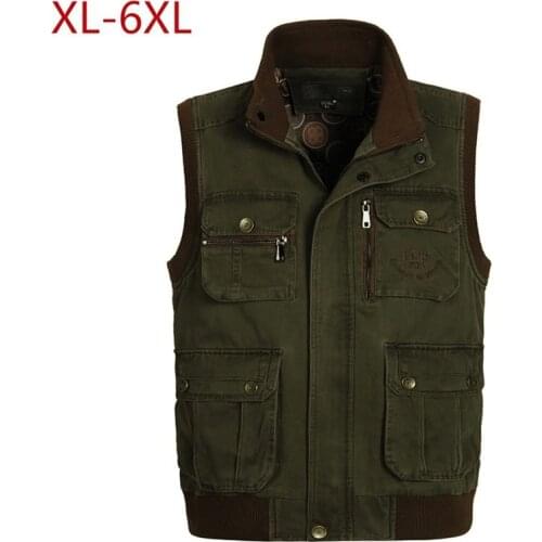 Spring Autumn Men Big Size XL-6XL Cotton Vest Multi Pockets Army Green Khaki Waistcoat Male Photography Sleeveless Collar Jacket
