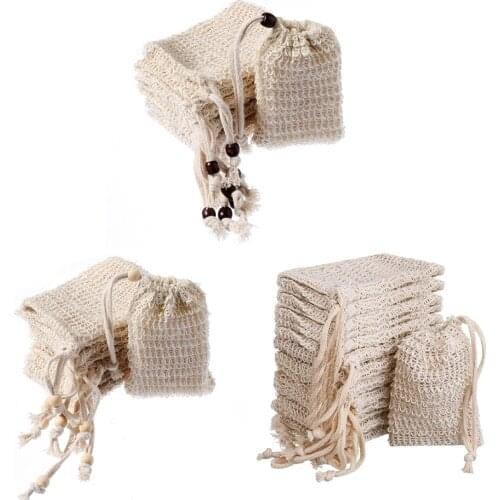 10Pcs Natural Sisal Cotton Linen Soap Drawstring Bubble Net Bag Exfoliating Soap Saver Pouch For Bathroom Storage Cleaning Tools