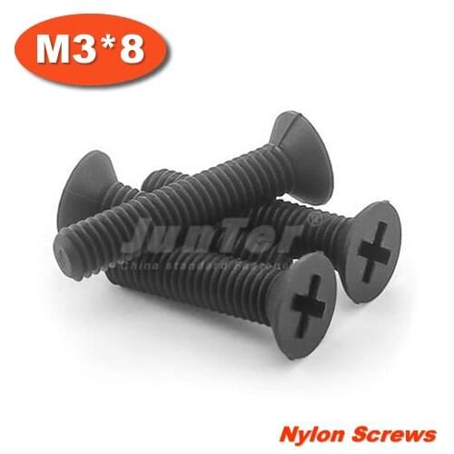 100pcs/lot DIN965 M3*8 Black Nylon Machine Phillips Flat Head (Cross recessed countersunk head screws) Screw