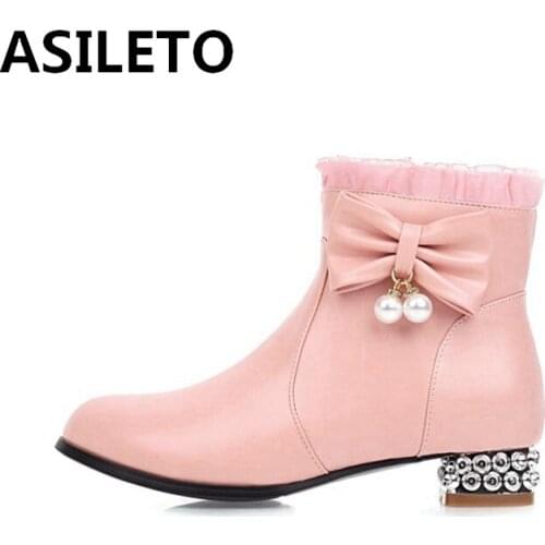 ASILETO Winter autumn Cute Mid-Calf boots Round toe Rhinestone Square heels PU Botwtie Bead Ladylike Big size 33-43 Date T1153