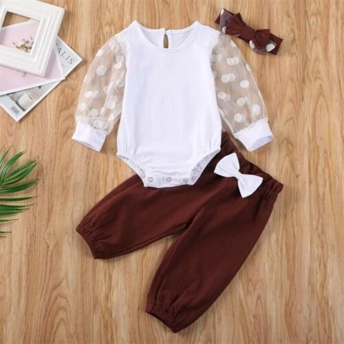 CANIS 3PCS Baby Girl Newborn Infant Outfit Clothes Long Sleeve Polka Dot Mesh Bodysuit & Pants & Headband