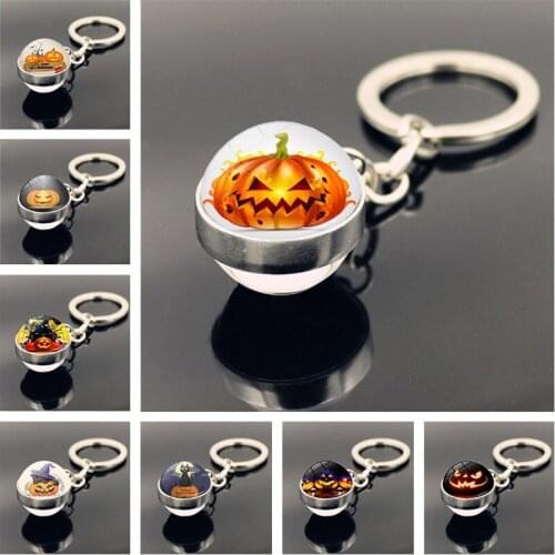 Halloween Keychain Jewelry with Silver Color Pumpkin Bat Witch Pattern Glass Ball Double Side Car Keychain Ring Wholesale