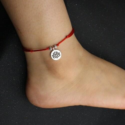 Cute Bear Brand Women Anklets Fashion Simple Silver Color Metal OM Lotus Buddha Telescopic Red Rope Barefoot Anklets for Women