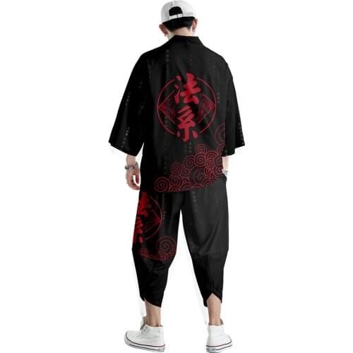 Chinese Character Print Black Japanese Style Kimon Pants Couple Men Traditional Harajuku Streetwear Samurai Cardigan Yukata