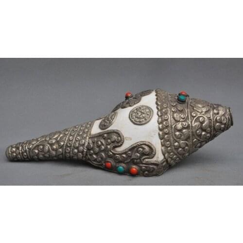 Collect Old tibet Buddhism silver Auspicious Eight treasures Conch Shell Trumpet