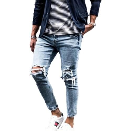 Fashion Mens Sweatpants Close-fitting Sexy Broken HoleJeans Casual Four Seasons New Male Ripped SkinnyTrousers Slim Biker Pants