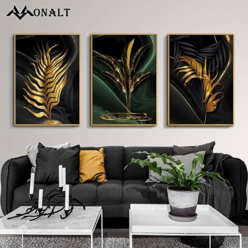 Wall Paintings Abstract Art Print Living Room Decoration Golden Tropical Leaves Poster Art HD Black Gold Poster Bloemen Decor