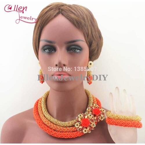 Newest Nigerian wedding bridal african beads jewelry sets crystal flower costume jewelry necklace sets Bracelet Earrings N0024