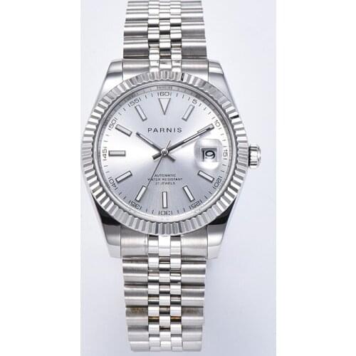 New Parnis Automatic Mechanical Mens Watches Silver Stainless Steel Bracelet Calendar White Dial 2813 Movement Mens Watch 2020