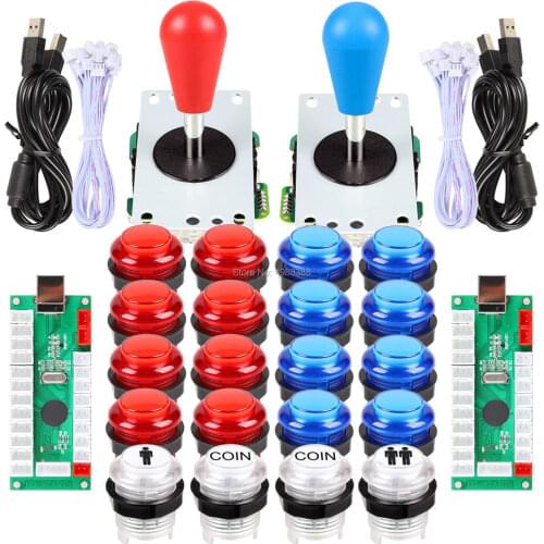 New joysticks 2 Player Arcade Games DIY Kit Parts 2 Ellipse Oval Joystick Handles + 20 LED lit Arcade Buttons (Red & Blue Kit)