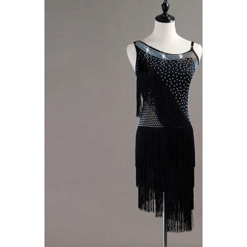 New Style Latin Dress For Women Sparkling Rhinestone Dress Black Dress Dance Rumba Salsa Dress Stage Perform Latin Dress VDB407