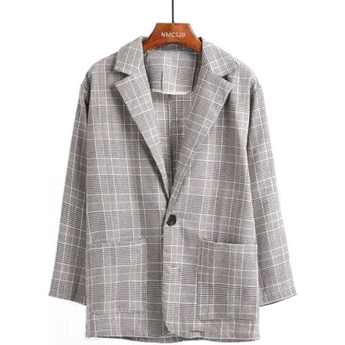 PERHAPS U Women Outwear Blazer Single Breasted Notch Collar Plaid Black Brown Pocket Loose Thin C0051