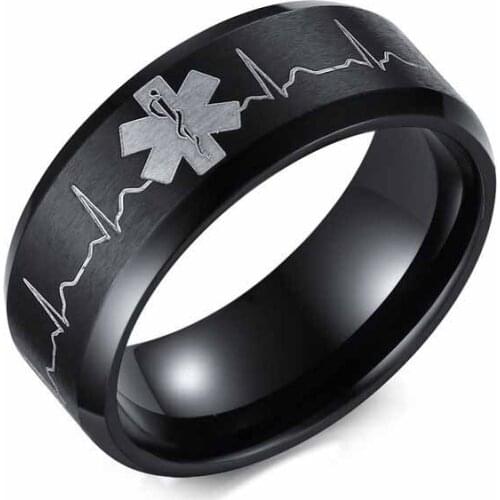 Drop Shipping New Trendy 8 mm Medicine Sign Men Ring Titanium Steel Black Band Wholesale Beautiful Individual Anniversary Gift