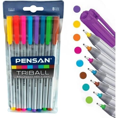 Pensan Triball Colorful Ballpoint Pen 8 Color Set Slim 1MM Pen Tip Egonomik TKaliteli Ink Green Turquoise Purple Yellow tour