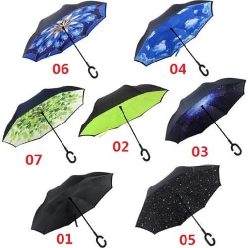 Foldable Reverse Umbrella Double Layer Windproof UV Protection For Summer Outdoor C Shaped Handle Rainproof Umbrella Clearance