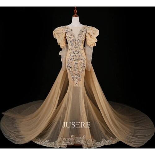 Mermaid Evening Dress Beading Lace V-neck Puff Sleeves Prom Dress with Sweep Train Champagne party dress