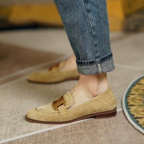 Fashion Spring Autumn Women Suede Loafers Genuine Leather Slip On Woman Flats Shoes Ladies Low Heels Casual Shoes Blue Beige