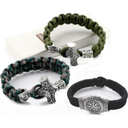 Vintage Norse Viking Bracelet Men Thor Mjolnir Hammer Paracord Amulet Rune Knot Braided Rope Bangles Bracelets