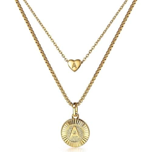 Vintage Letter Necklace on Neck Gold Chain for Women Tiny Heart Coin Dainty Initial Double Choker Necklace Pendant Jewelry Gift