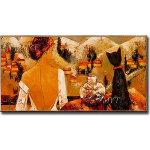A Woman With A Bare Back And A Black Cat Oil Painting Beautiful Handpainted High Quality Wall Art Home Decor Picture Modern