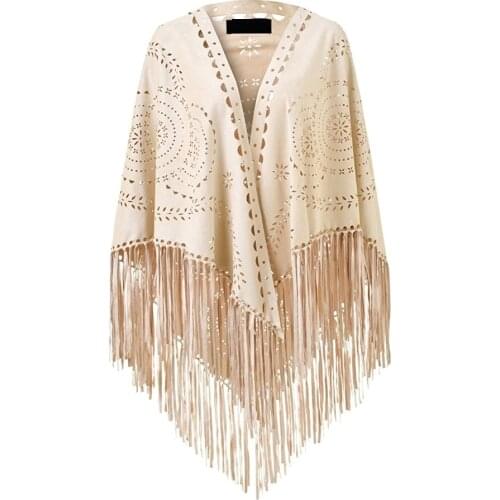 Womens Loose Suede Fringe Open Poncho Cloak Shawl Wrap with Punch Hole Patterns and Graceful Fringes