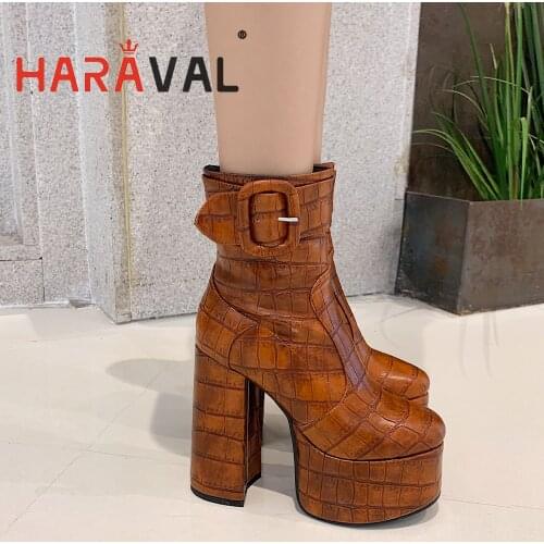 HARAVAL Women Boots Shoes High Heels Round Toe ELEGANT Thick Bottom Waterproof Platform Black Brown Shoes Women E394L