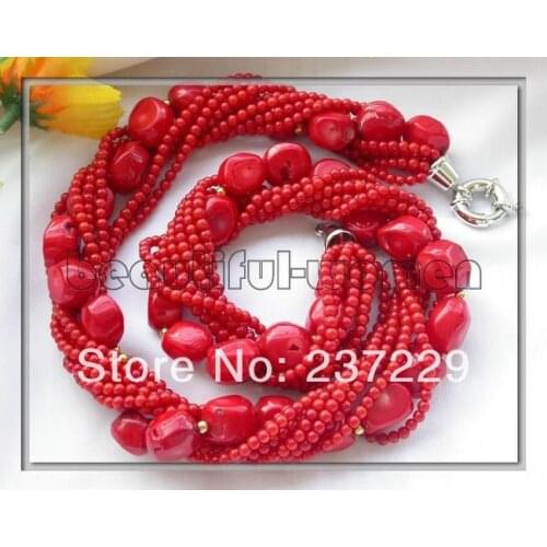 Women Gift word Love Wholesale price ^^^^BW0037 8row 4mm red coral bead massive necklace 18inch
