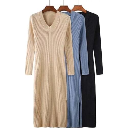 New Knitted dress female autumn and winter bottoming tight thin split V-neck bag hip sweater skirt long skirt over the knee