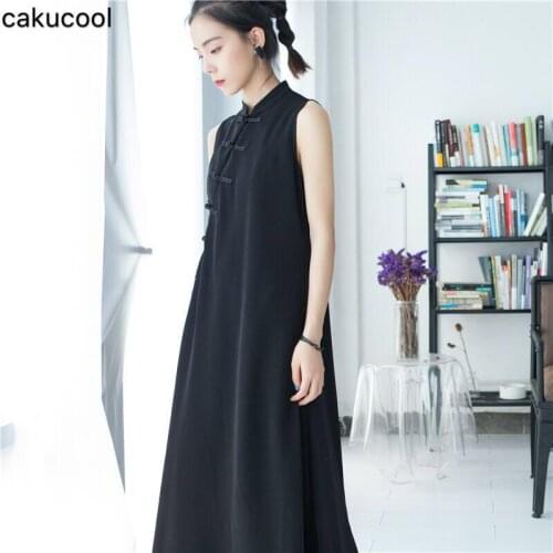 Cakucool Improved cheongsam plate buckle black dress 2019 spring and autumn wear cool breeze retro medium long womens dress