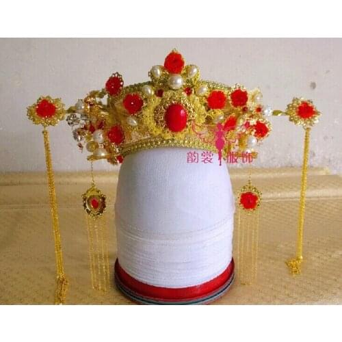 03 Red Gold Bride Wedding Hair Tiaras Ancient Chinese Empress Hat Bride Hair Piece