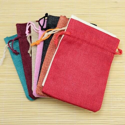 10*14cm 100pcs mixed Colors linen jute bag drawstring necklace jewelry package bag small gift bag Wedding favors packaging bag