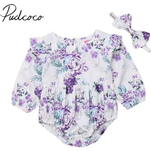 2018 Brand New Newborn Infant Baby Girls Autumn Bodysuits Headband 2PCS Purple Floral Print Fly Long Sleeve Jumpsuits Playsuit