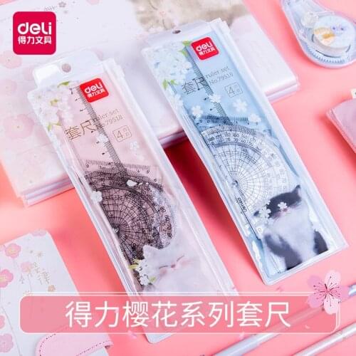 4 pieces / set Deli 79517 kitten multifunctional drawing combination ruler + triangle ruler + protractor, student supplies