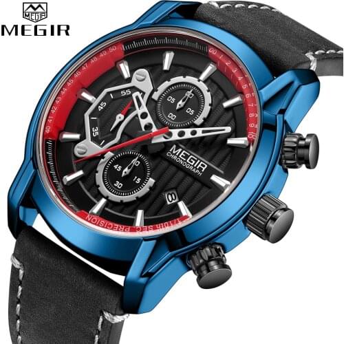 MEGIR Mens Luxury Brand Watch Fashion Blue Men Quartz Sport Watches Casual Leather Waterproof Chronograph Man Military Clock