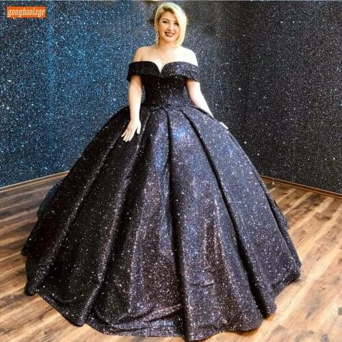 Dubai Black Evening Gowns Lace Up Sparkly Ball Gown Arabic Women Reflective Dresses Long Party Custom Made 2020 Robe De Soiree