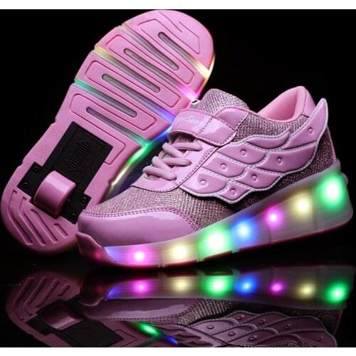 Hot New Pink Wing USB Charging Fashion Girls Boys LED Light Roller Skate Shoes For Children Kids Sneakers With Wheels One wheels